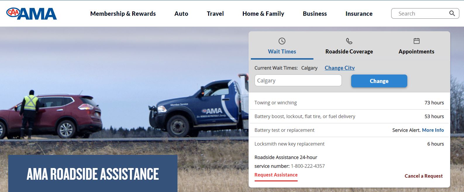 A website screenshot showing the AMA wait times for a tow
