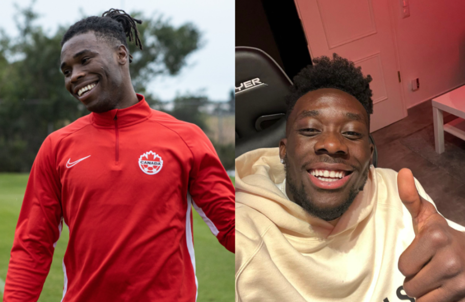 Canada Soccer players Samuel Adekugbe and Alphonso Davies are seen in this side by side image