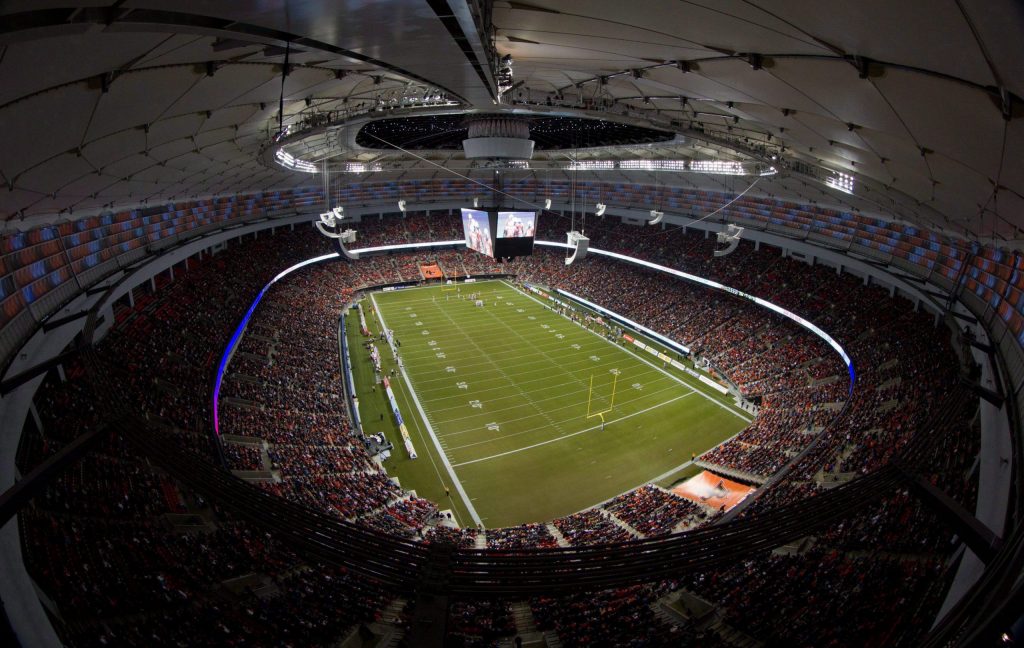 The B.C. Lions and Edmonton Elks play with the roof open at the renovated BC Place stadium during the first half of a CFL football game in Vancouver, B.C., on Friday September 30, 2011.