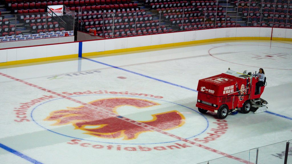 A zamboni over centre ice at the Saddledome