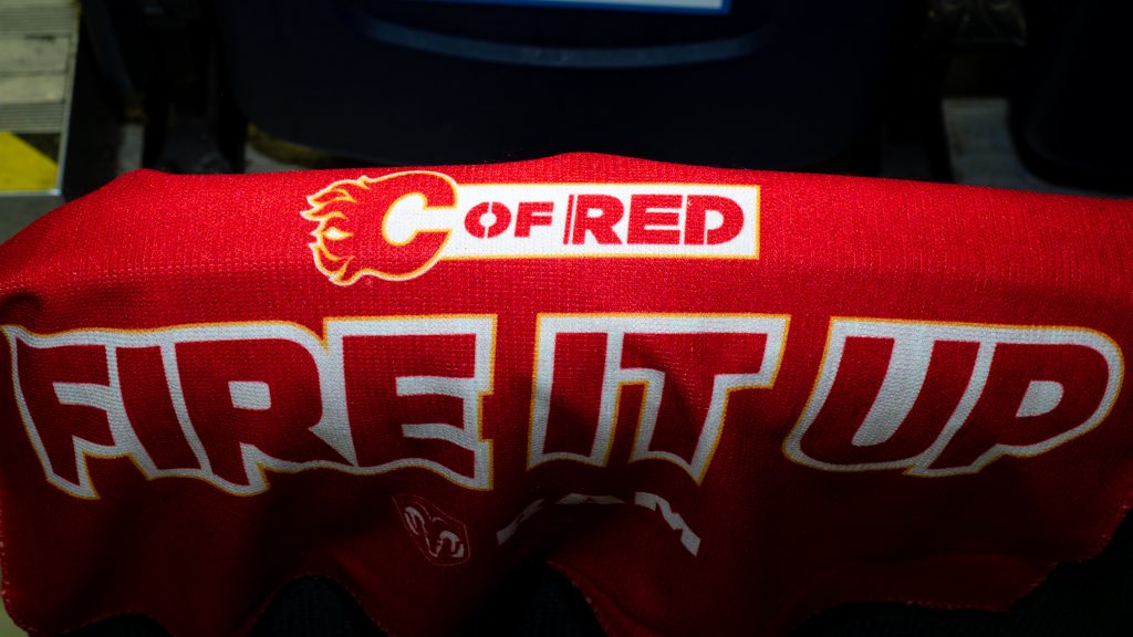 A Calgary Flames 'Fire It Up!' towel.