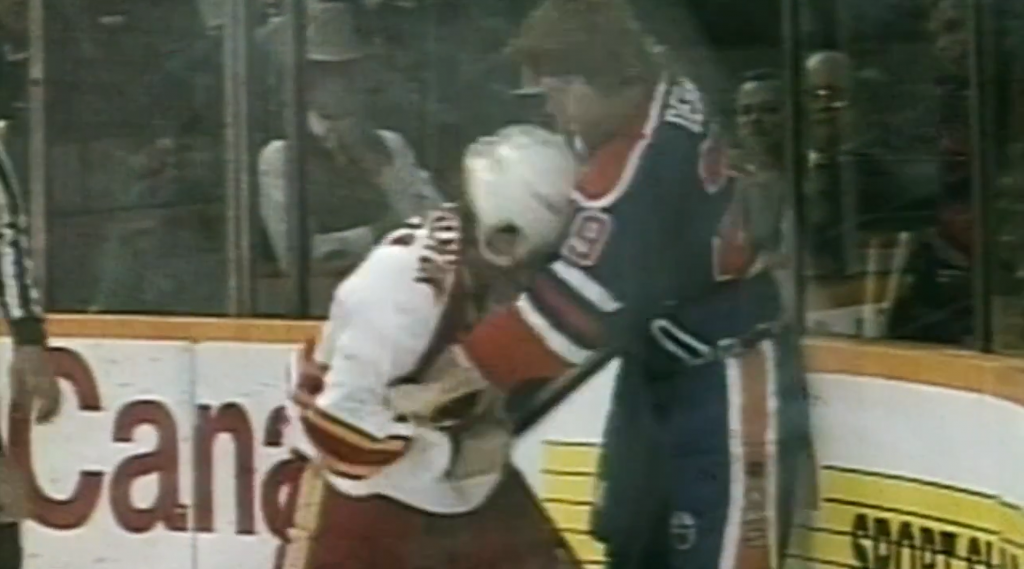 A fight between a player from the Edmonton Oilers and the Calgary Flames during the 1991 Battle of Alberta playoff series.