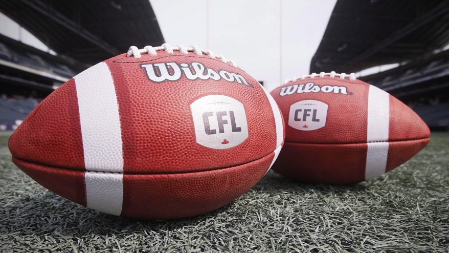 New CFL balls are photographed at the Winnipeg Blue Bombers stadium in Winnipeg