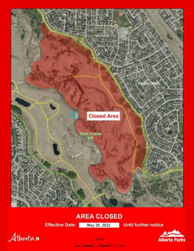 Map of closures at Calgary's Fish Creek Park.