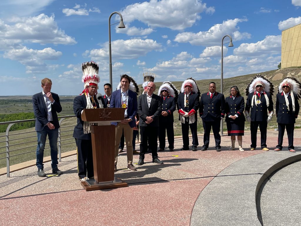 Prime Minister Justin Trudeau, Minister of Crown-Indigenous Relations Marc Miller, and Siksika Nation band council members were present for the ceremony on Siksika nation Thursday.