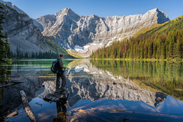 Active senior hiker looking at view at Rawson Lake during summer in Kananaskis Country, Alberta, Canada.