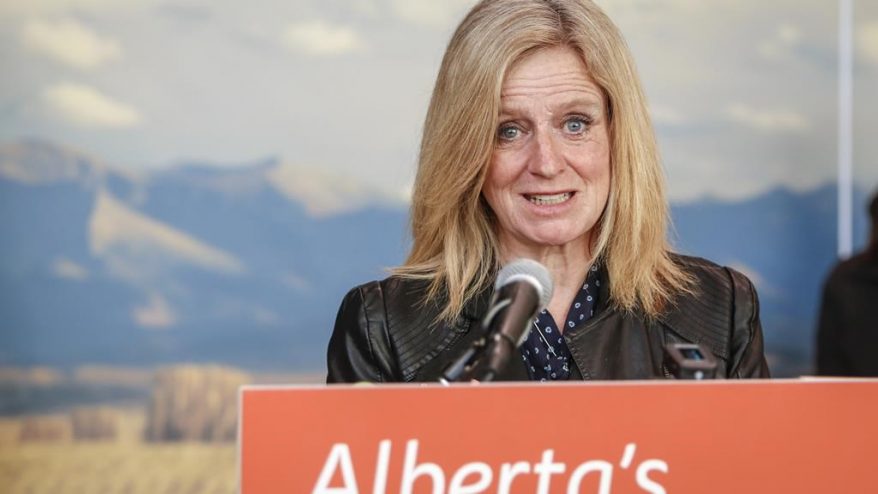 NDP AB leader Rachel Notley takes the podium during a speech