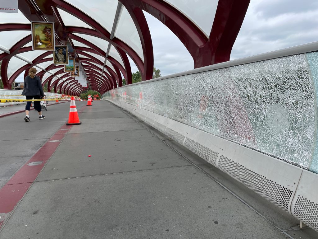 A picture of damaged panels on the Peace Bridge