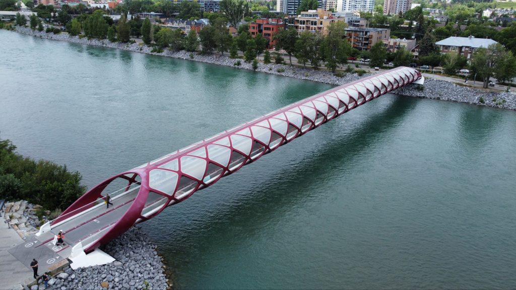 An aerial shot of the Peace Bridge