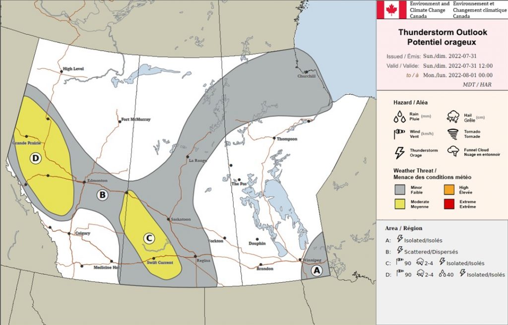 A weather map of Alberta, Saskatchewan, and Manitoba from Sunday July 31, 2022.