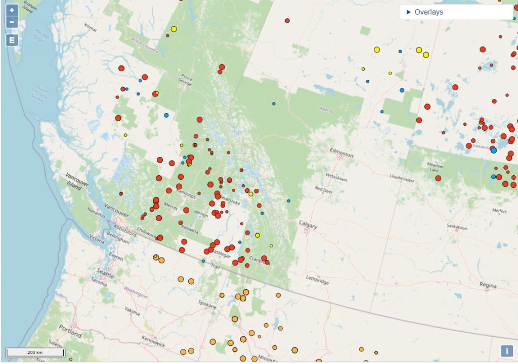 2021 map showing spread of wildfire in Western Canada. 