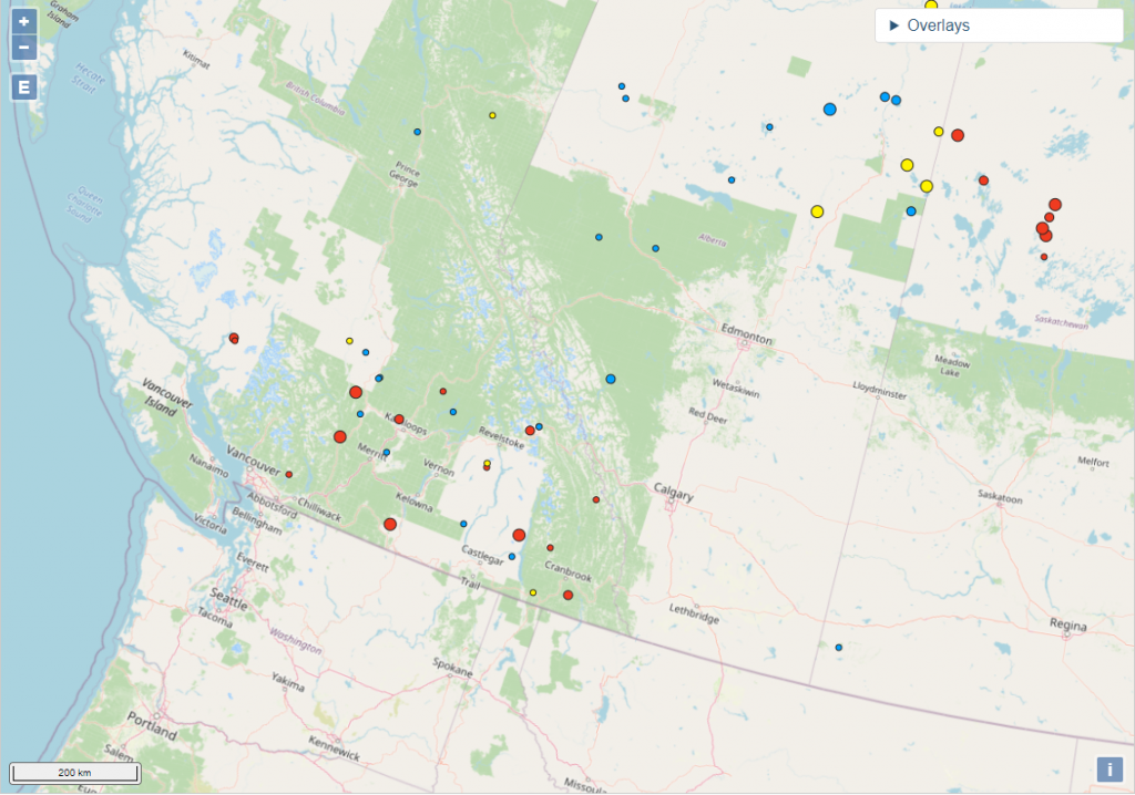 2022 map showing spread of wildfire in Western Canada. 