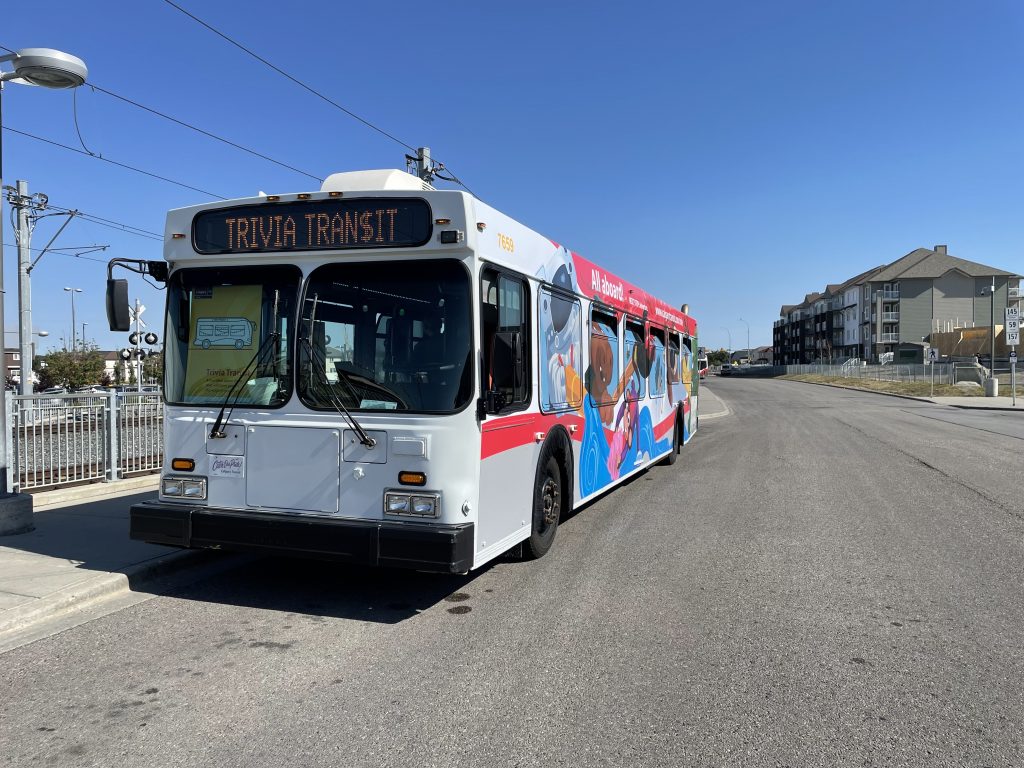 The Calgary Transit Trivia bus at the Saddletowne C-Train station