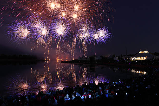 Calgary, Canada - August 26, 2012: A breathtaking fireworks display closes another night at the GlobalFest festival. For ten days each August GlobalFest puts on a world class arts and cultural event that celebrates global diversity and artistic excellence along with an international fireworks competition.