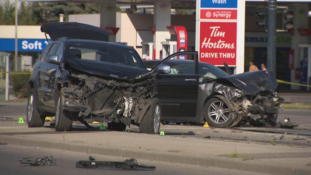 Four people were taken to hospital after a serious three-vehicle collision at 16 Avenue NE and Edmonton Trail