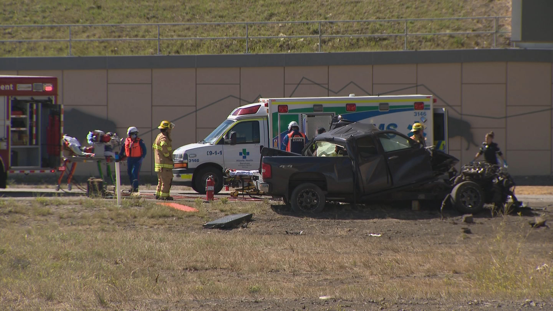 MicrosoftTeams-image (43) Emergency personnel respond to a vehicle that was involved in a deadly crash on Tsuut’ina Trail and 90 Avenue SW