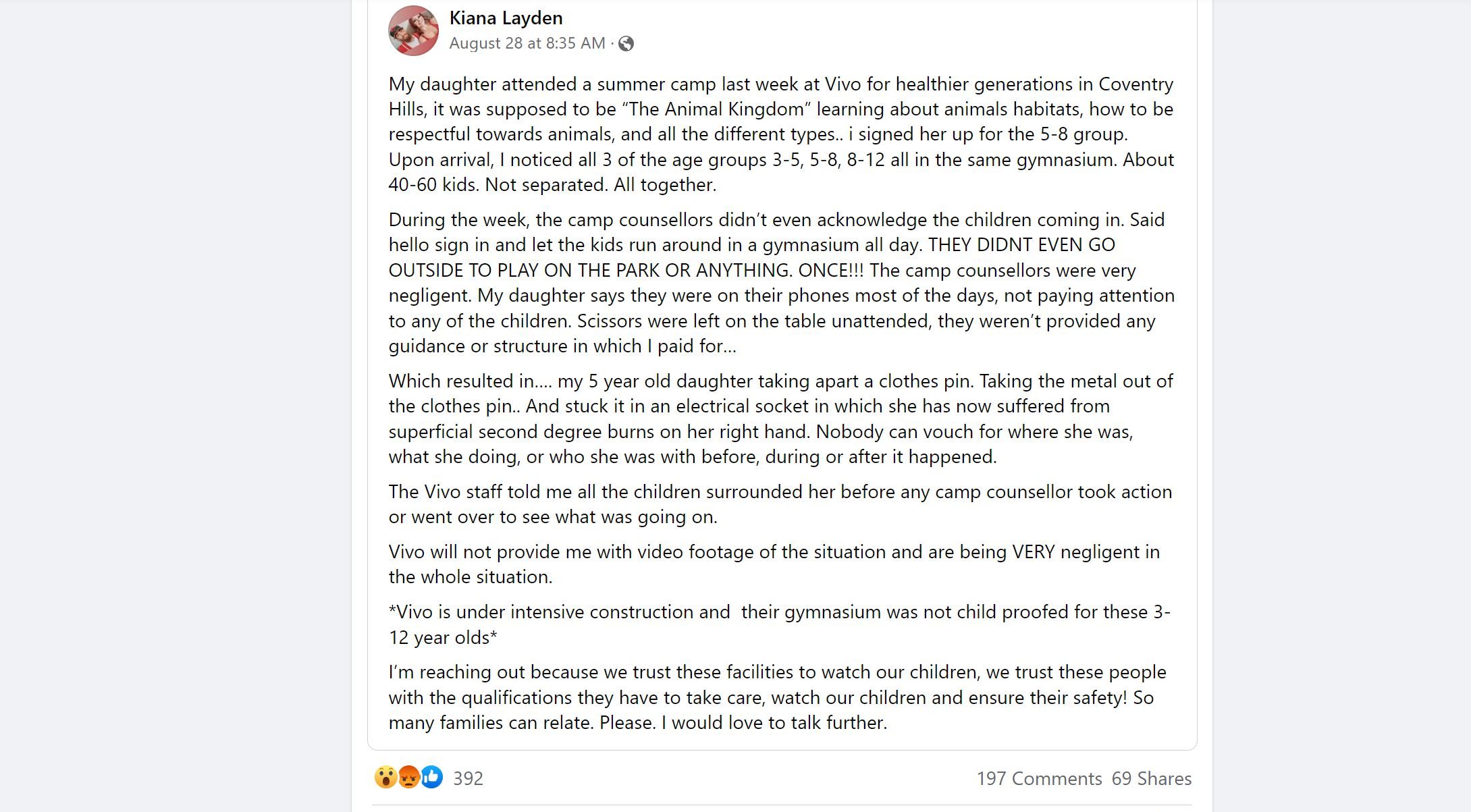 A Facebook post about the incident that Ayla Blair Georgina Layden went through at Vivo for Healthier Generations.