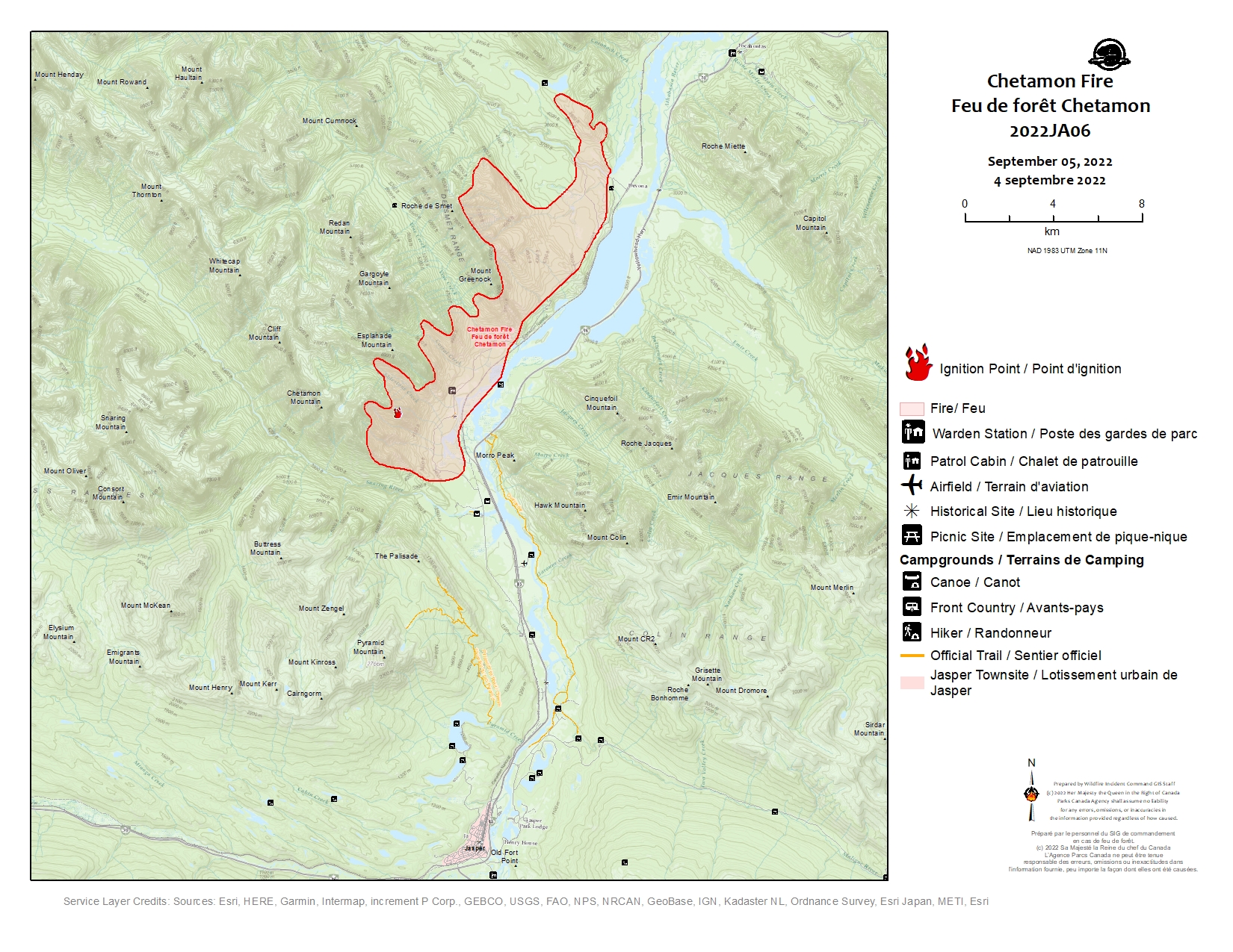 A map of Wildfire burning in Jasper National Park