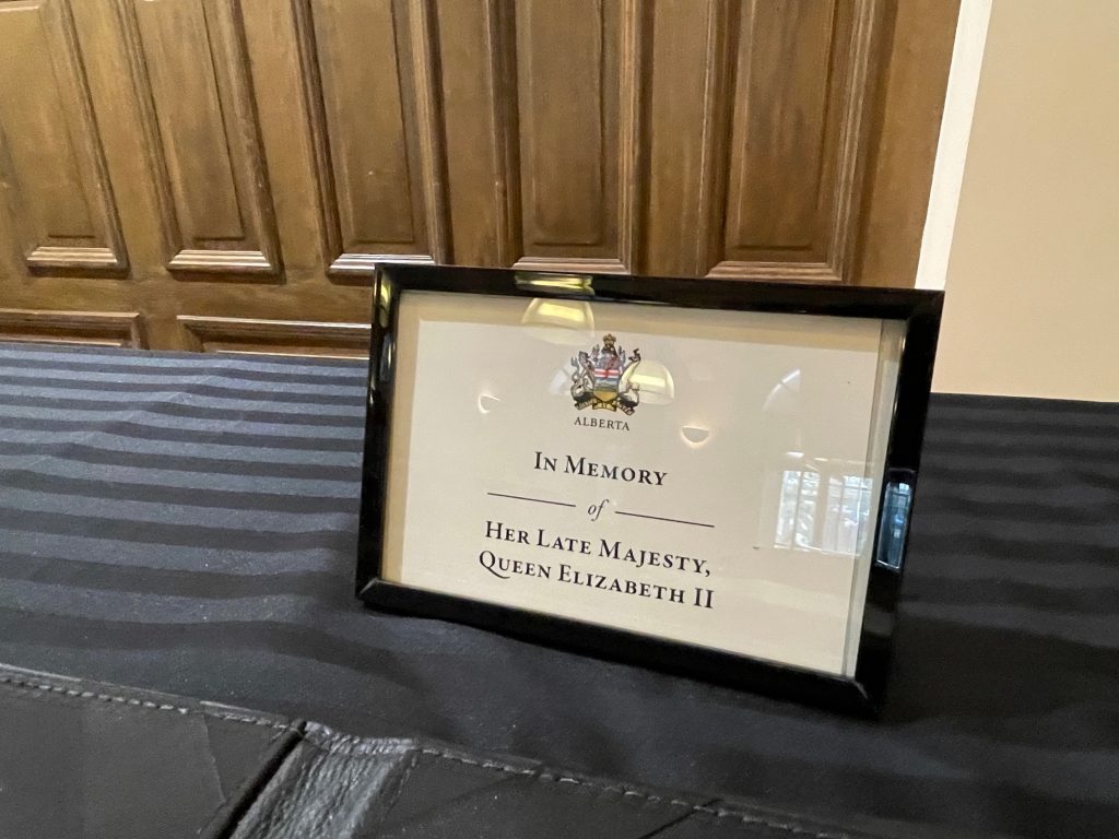 A frame is set-up at the McDougall Centre in honour of the late Queen Elizabeth II in Calgary