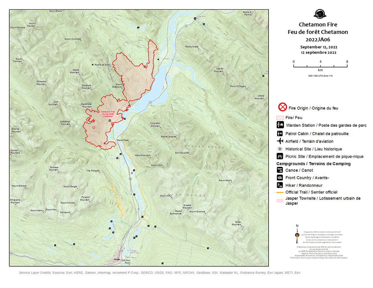 A map of the Chetamon wildfire burning in Jasper National Park