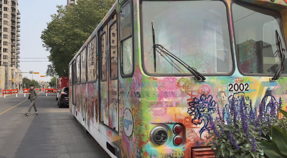 A bus that was revamped by a project with the University of Calgary at 8 Avenue and 10 Street SW in Calgary