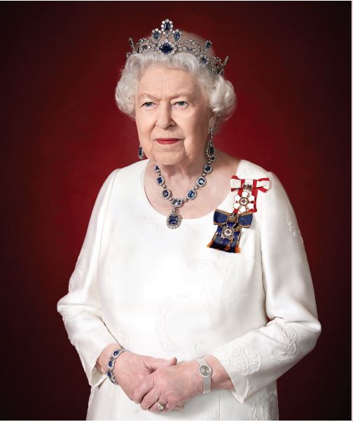 The official Canadian portrait of Her Majesty Queen Elizabeth II taken at Windsor Castle in March 2019. Her Majesty is wearing her Canadian insignia, as Sovereign of the Order of Canada and the Order of Military Merit.