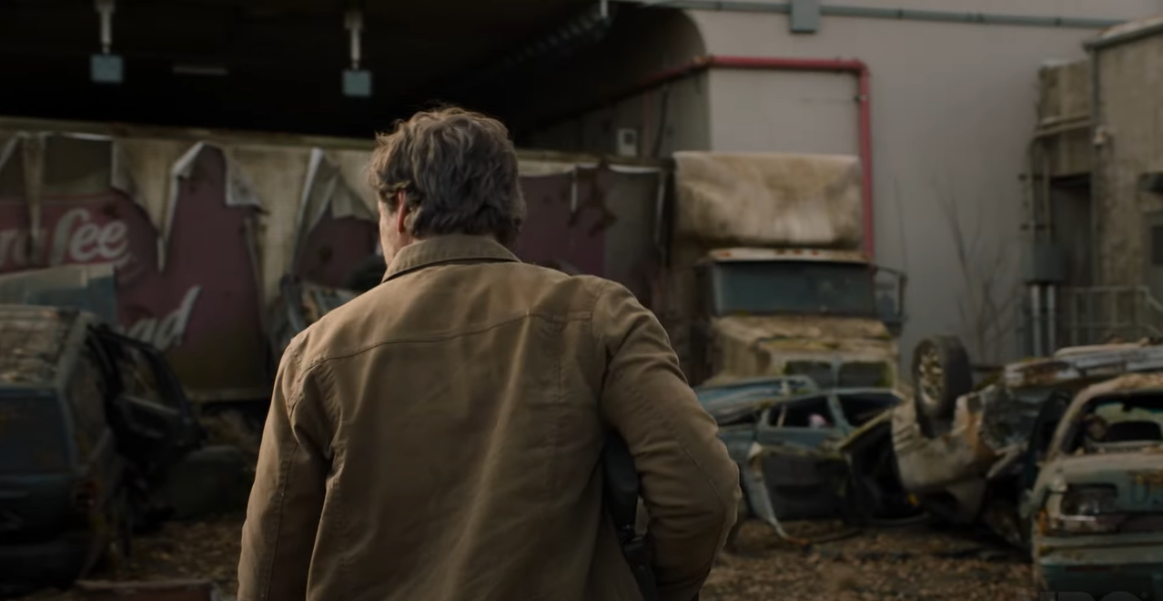 Pedro Pascal in front of what appears to be a tunnel on Airport Trail NE, just west of 36 Street NE in footage from HBO's The Last of Us