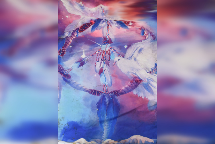 A comforter with an image of a dream catcher and two white birds on it.