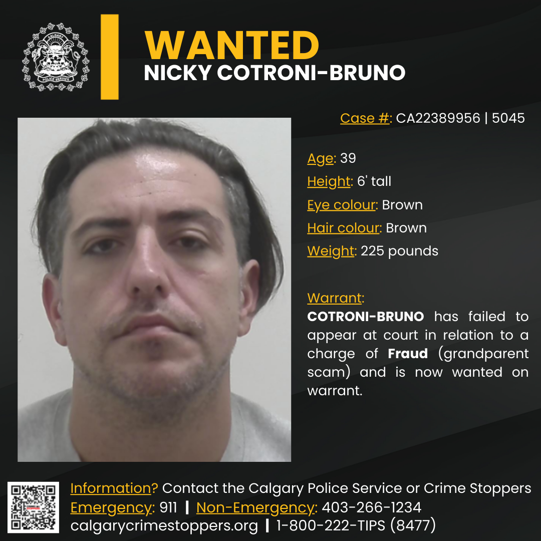 A wanted poster for 39-year-old Nicky Cotroni-Bruno