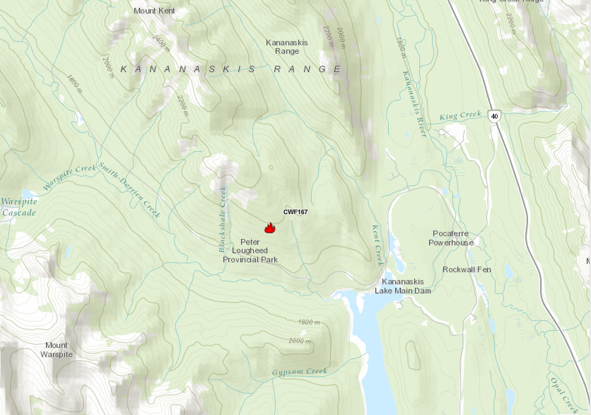 A map with the location of the wildfire in Peter Lougheed Park in the Kananaskis area