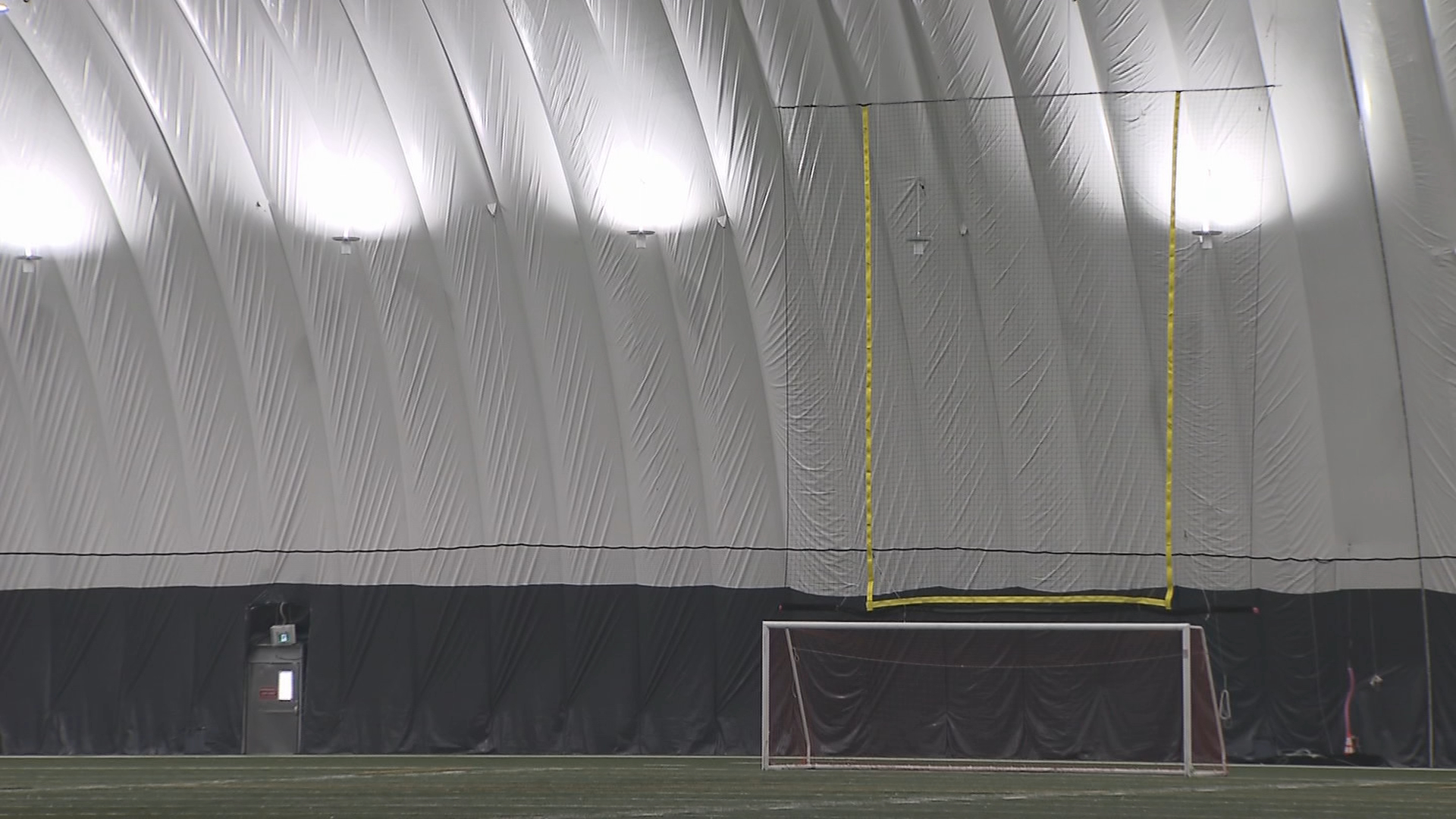 A floating football upright inside the Shouldice Inflatable Dome