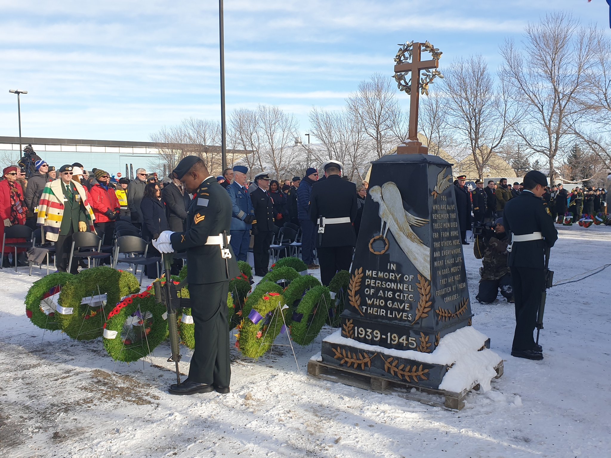 Wreaths are placed by a cenotaph at the Military Museums in Calgary on Nov. 11, 2019