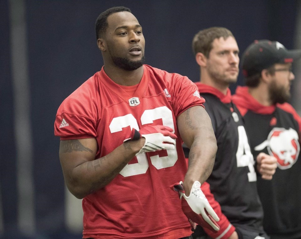 Former Calgary Stampeders quarterback Jerome Messam is seen at practice for the 104th Gray Cup in Toronto 
