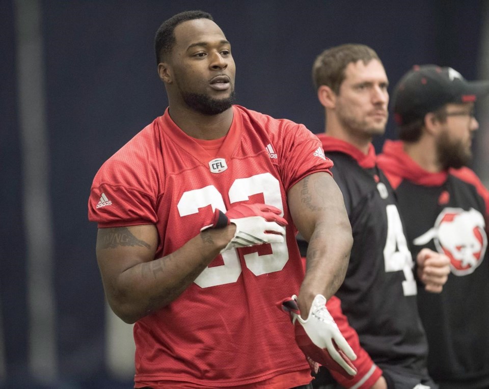 Former Calgary Stampeders running back Jerome Messam is seen at practice for the 104th Grey Cup in Toronto 