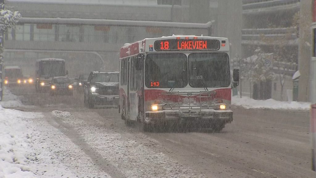 Snow falls on a busy Calgary street, a bus and several cars drive by.