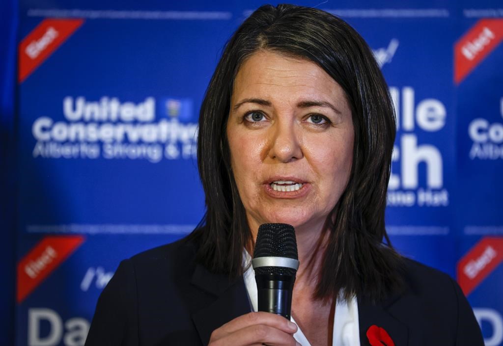 United Conservative Party Leader and Premier Danielle Smith celebrates her win in a byelection in Medicine Hat