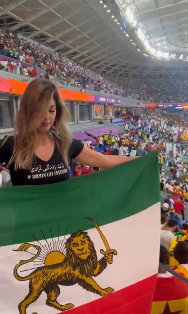 Hila Yadegar, wearing a t-shirt that says "WOMEN LIFE FREEDOM", holds up an Iranian flag with the Lion and Sun emblem