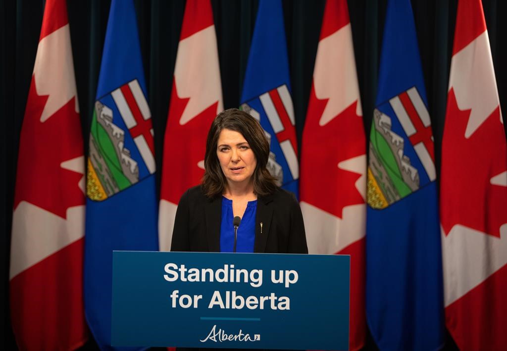 Alberta Premier Danielle Smith speaks at a press conference after the throne speech in Edmonton
