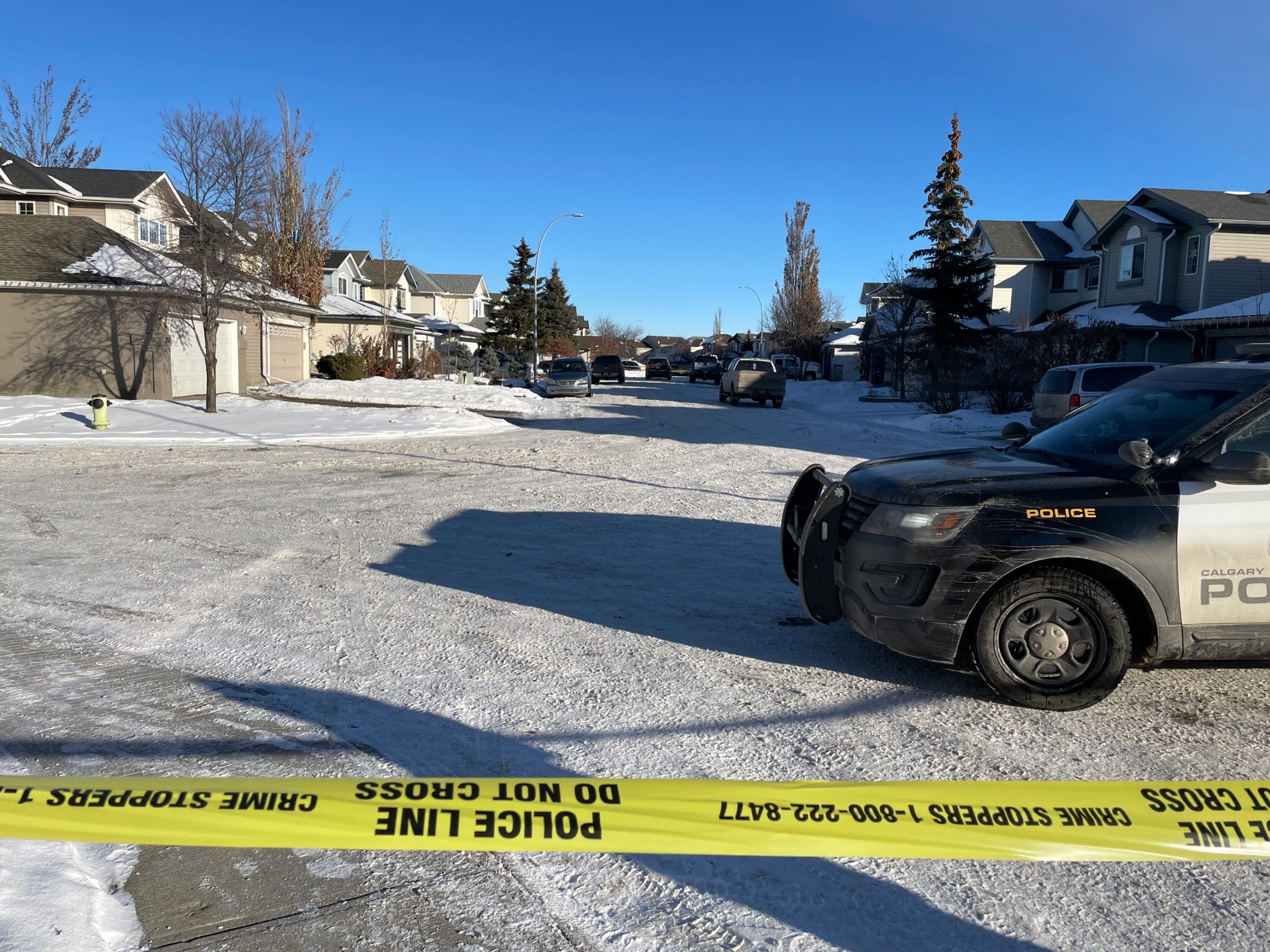 A Calgary Police Service vehicle at the scene of a shooting in Douglasdale in Calgary