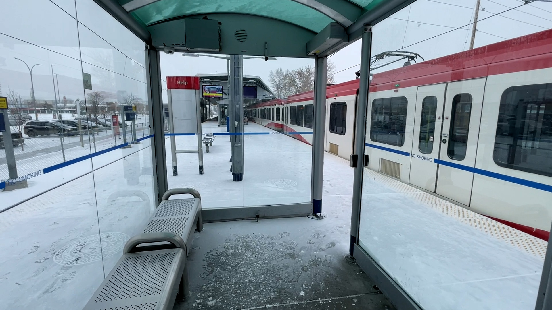 Inside one of Chinook LRT Station's outdoor shelters in Calgary