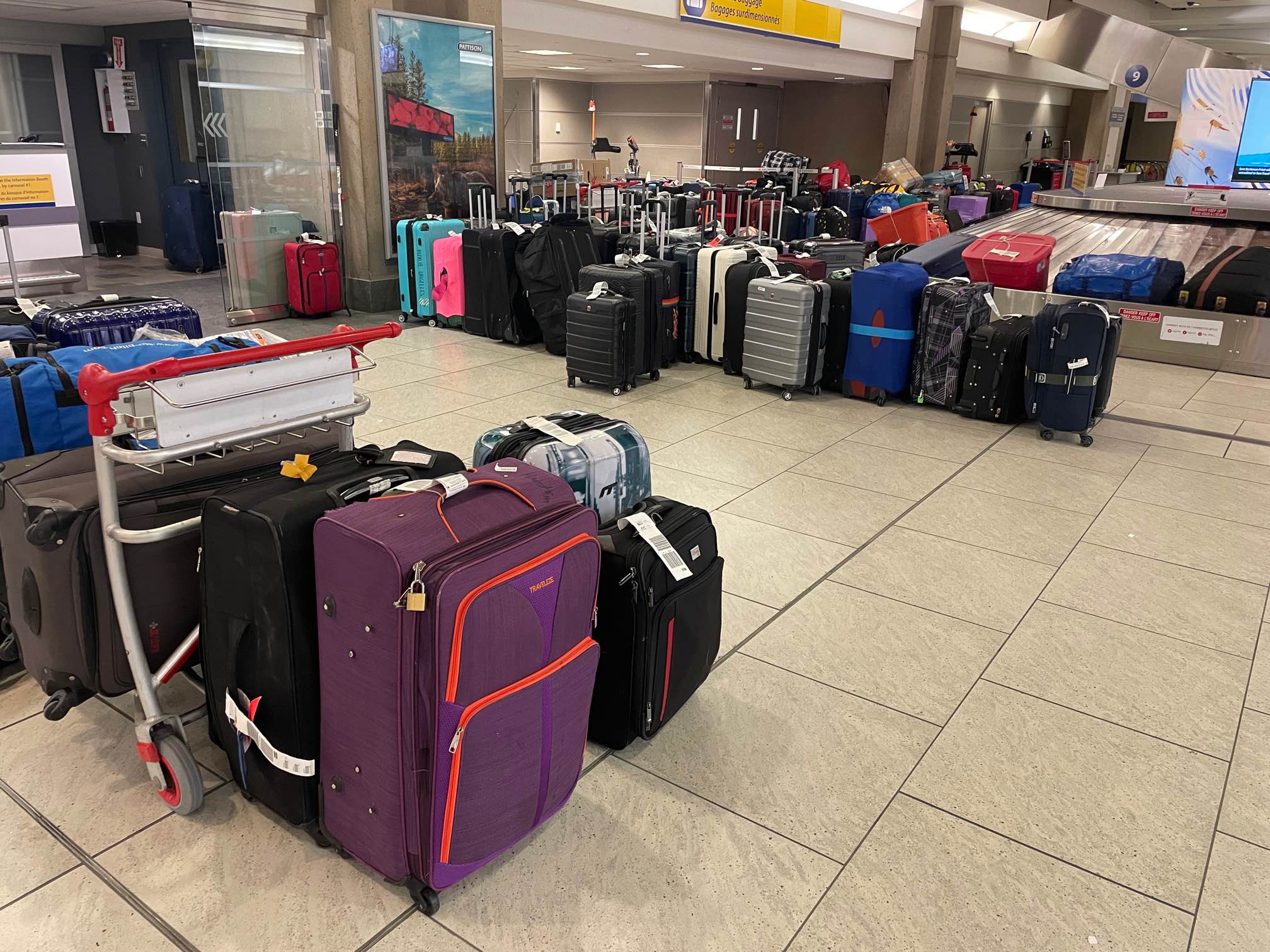 Bags and luggage await departure at the Calgary International Airport