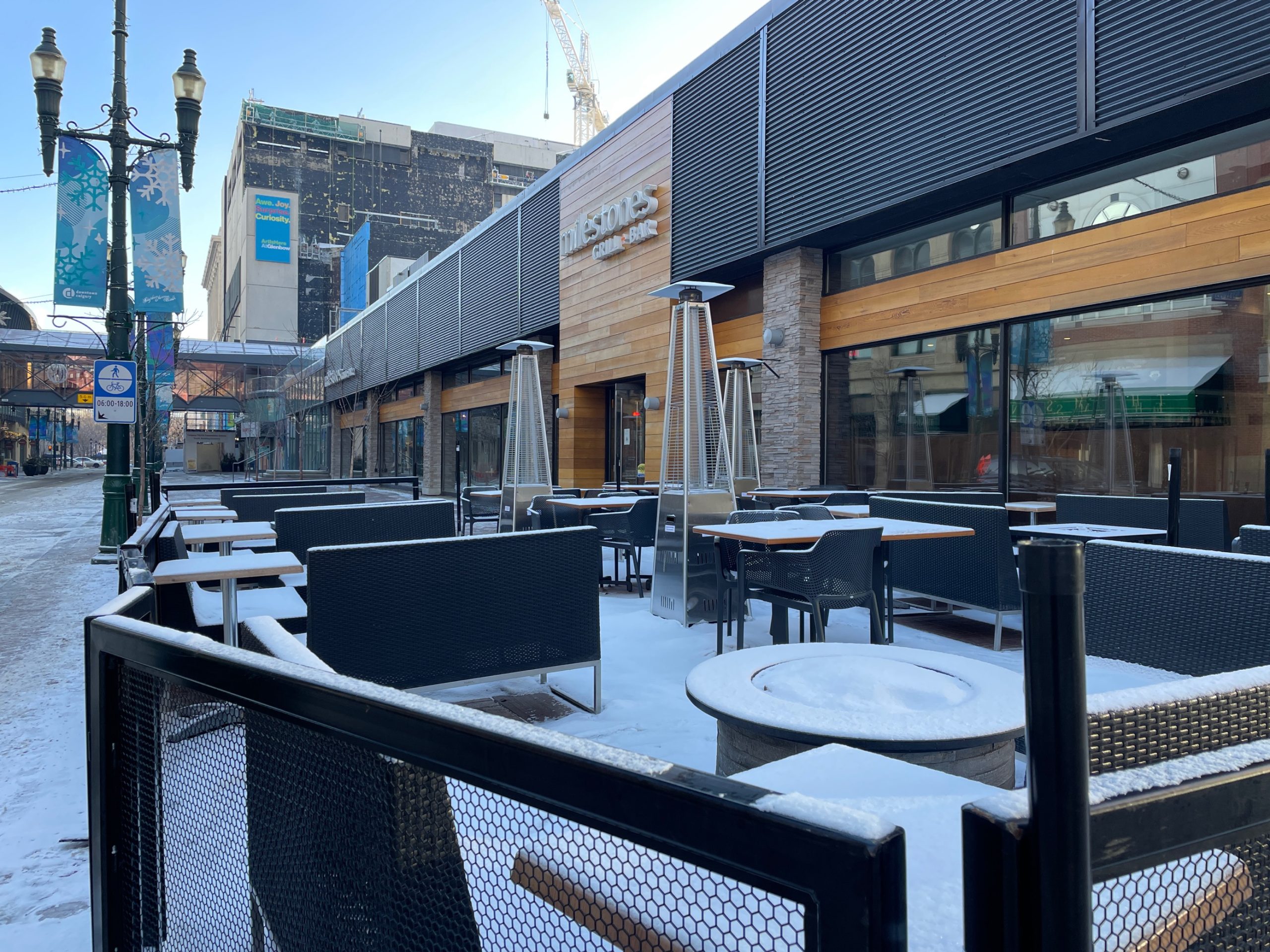 Milestones restaurant shot from Stephen Avenue and Centre Street in Calgary