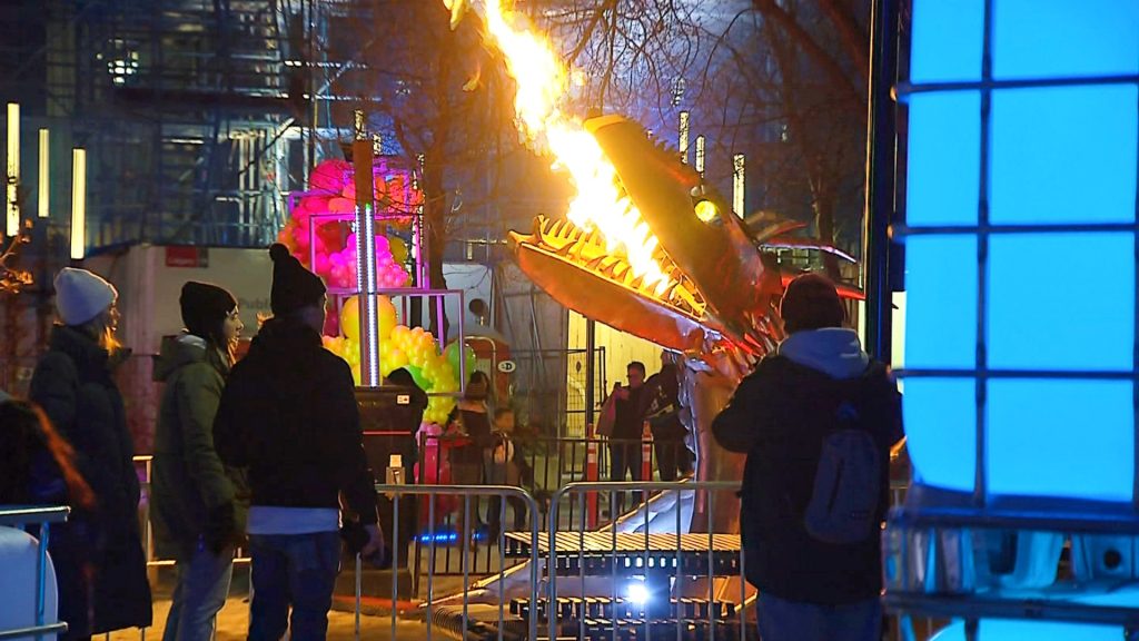 A fire-breathing art installation at Chinook Blast at Olympic Plaza in 2022