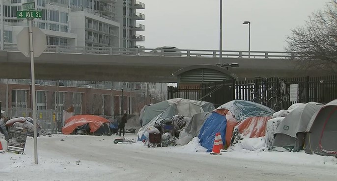 A homeless encampment outside the Drop in Centre in Calgary.