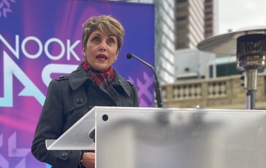 Calgary Mayor Jyoti Gondek speaks with reporters at Olympic Plaza in downtown Calgary on Thursday, Jan. 12, 2022. (Nick Blakeney, CityNews photo)