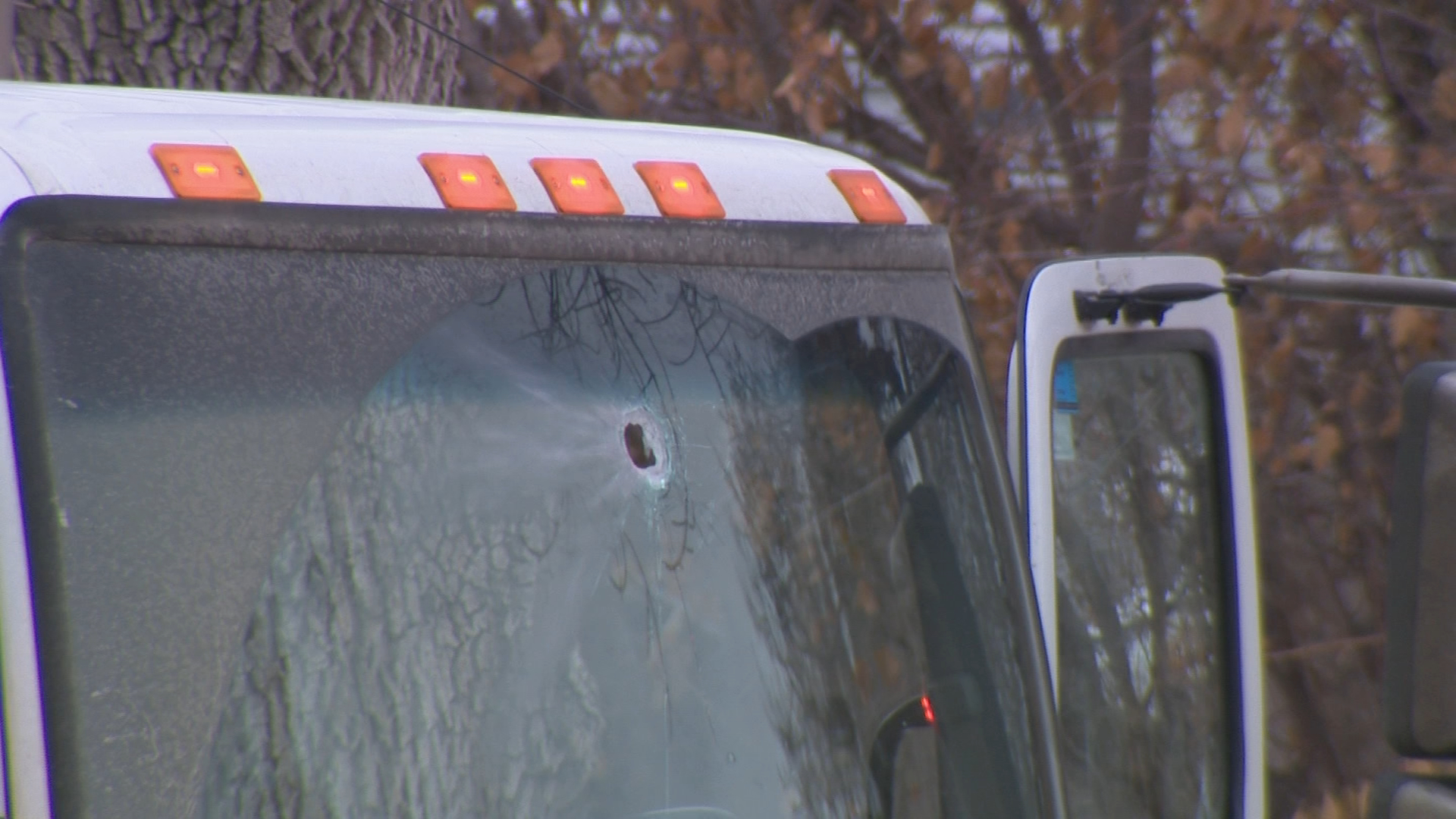 A bullet hole on the windshield of a truck that a suspect was in on Hendon Drive NW in Calgary