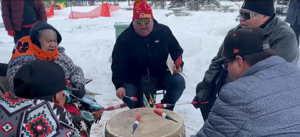 A photo showing Calgary Indigenous People celebrating hide preparation