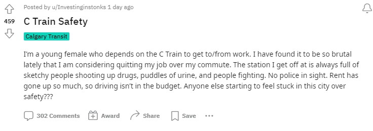 Reddit post from Calgary transit rider