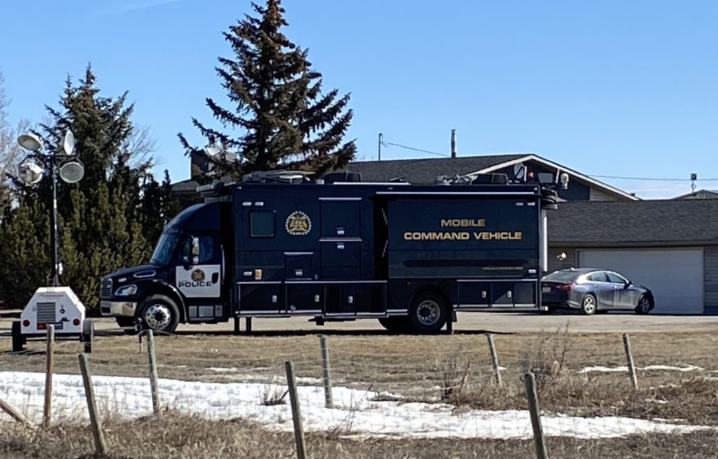 A Calgary Police Service Mobile Command Vehicle at an acreage east of Chestermere, Alta