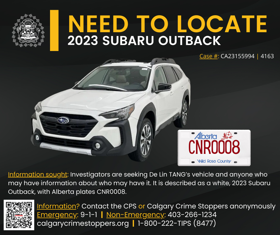 Calgary police are seeking a white 2023 Subaru Outback, with the Alberta license plate of CN0008